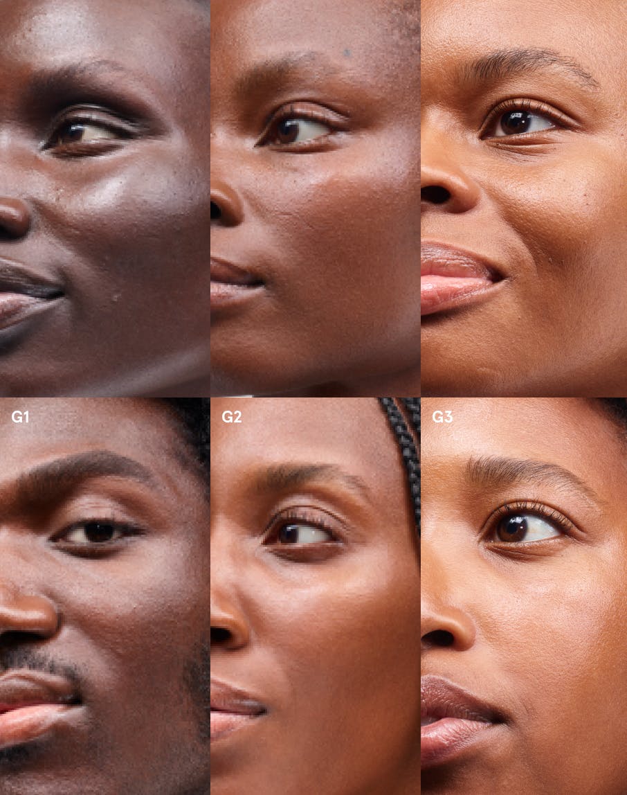 Matthew and Awuoi in Perfecting Skin Tint in G1. Ruth and Opeyemi in Perfecting Skin Tint in G2. Dione and Mecca in Perfecting Skin Tint in G3.